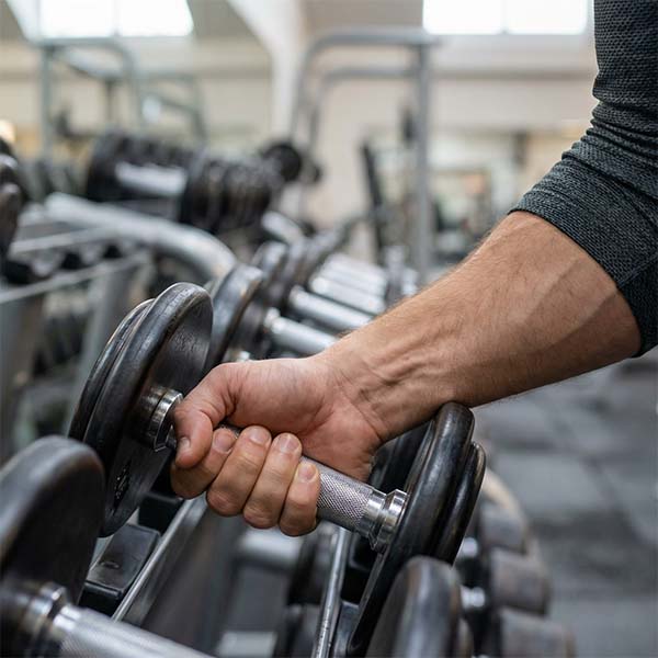 Mandlig hånd løfter håndvægt ud af stativ i træningscenter.