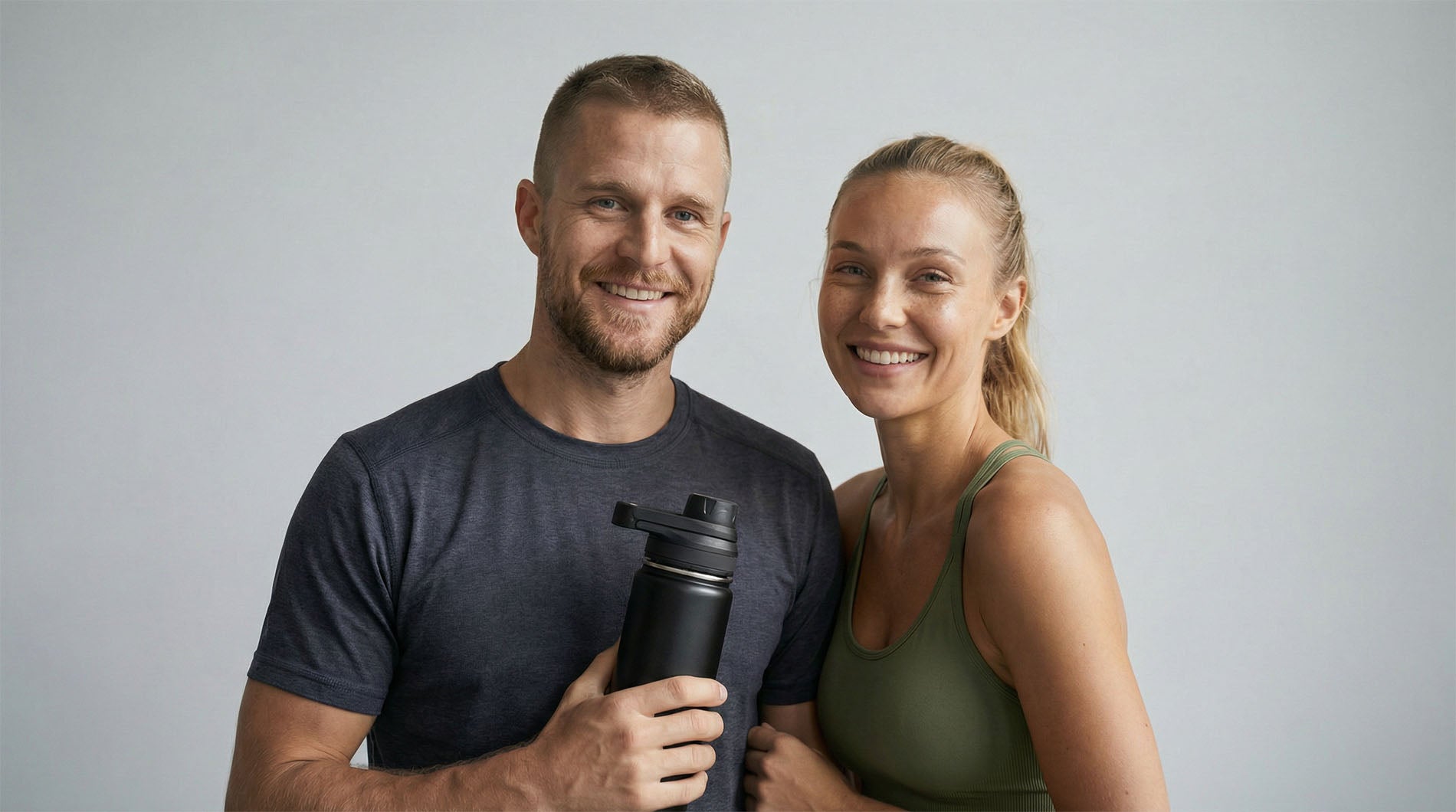 Mand og kvinde i træningstøj smiler og holder en sort WORK UP drikkeflaske i rustfrit stål.