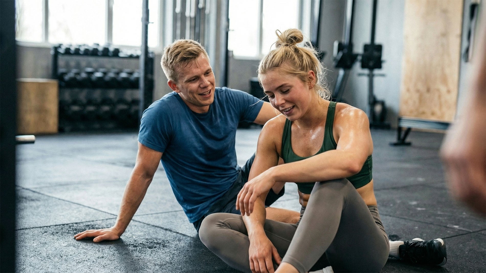 Ung mand og kvinde sidder udmattet på gulvet efter træning.